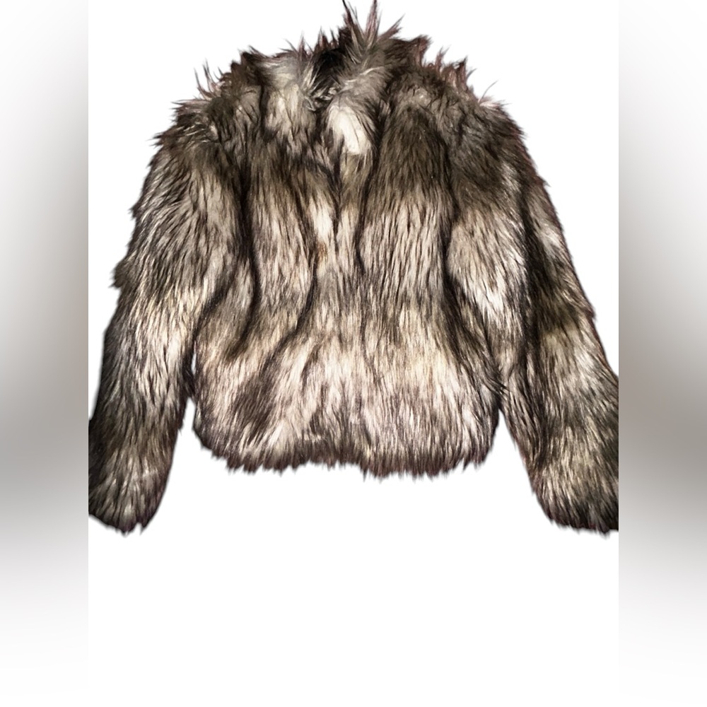 Fashion Nova Womens Jacket Faux Fur Brown Beige Pockets Hook Eye